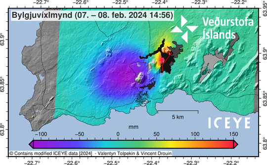 Satellite radar image taken at 14:56 on 08 February shows surface subsidence of 10 cm in Svartsengi area, north-west of mt. Þorbjörn, when magma flowed from there towards Sundhnúkur crater row. Model calculations based on these data suggest that about 10 million m3 of magma has flowed from the magma reservoir beneath Svartsengi towards the eruption site at Sundhnúkur crater row.