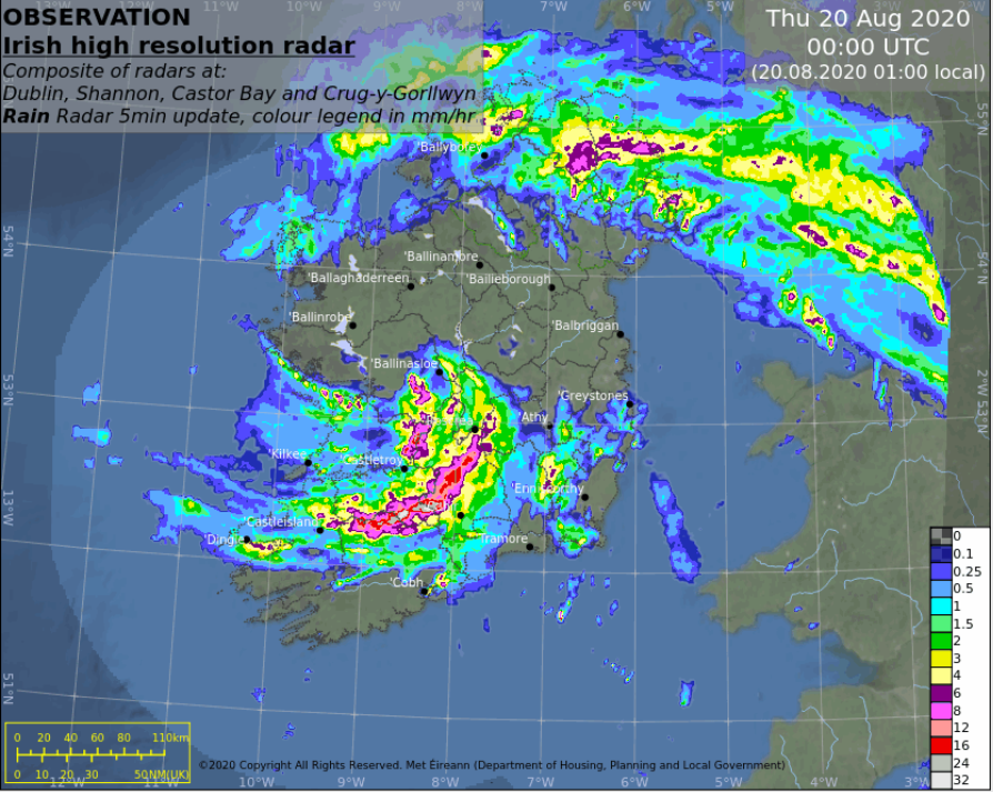 Met Eireann weather radar map for Ireland during Storm Ellen